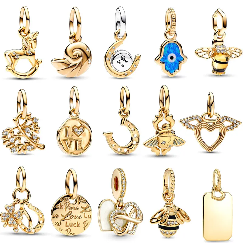 

2023 New 14k Gold Plated 925 Silver Opalescent Blue Hamsa Hand Dangle Charm Fit Pandora Bracelet Bangles Women Jewelry Gifts DIY