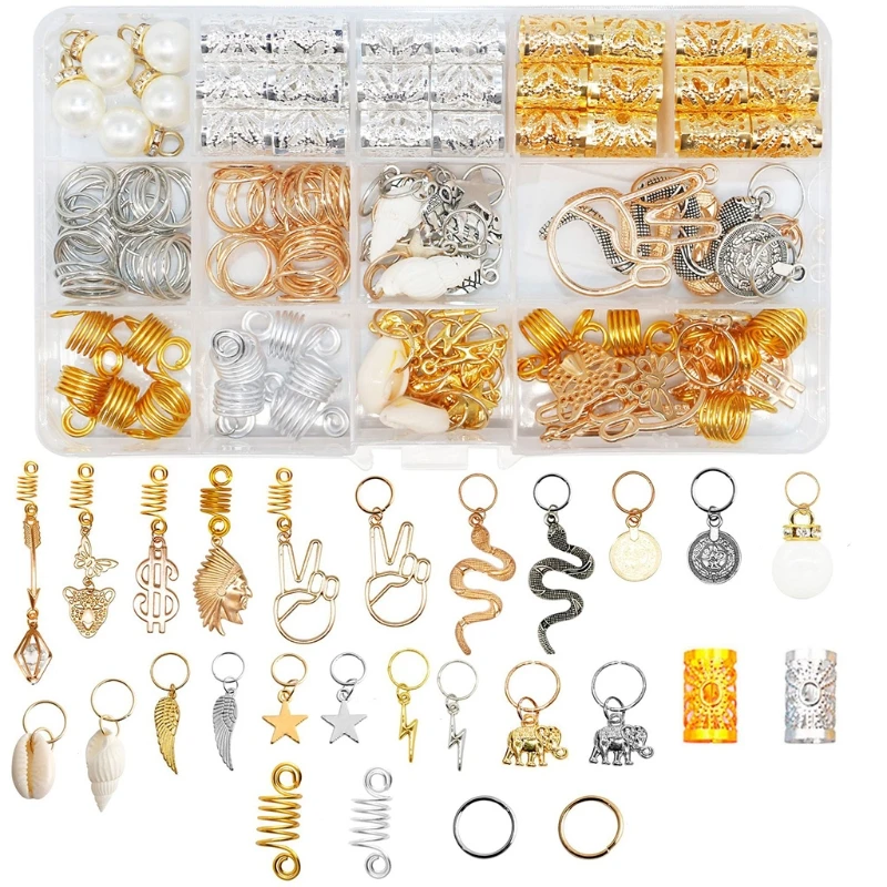 

173X Hair Braid Rings Metal Dreadlock Rings Multi Styles Hair Braid Cuffs Hair Hoops for Braid Wedding Hair Decoration