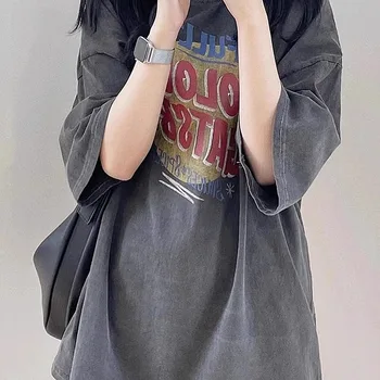 아메리칸 스타일 빈티지 워터 워시 블랙 레터 프린트 기본 레이어 티셔츠 여성 봄 신작 라운드 넥 루즈핏 탑