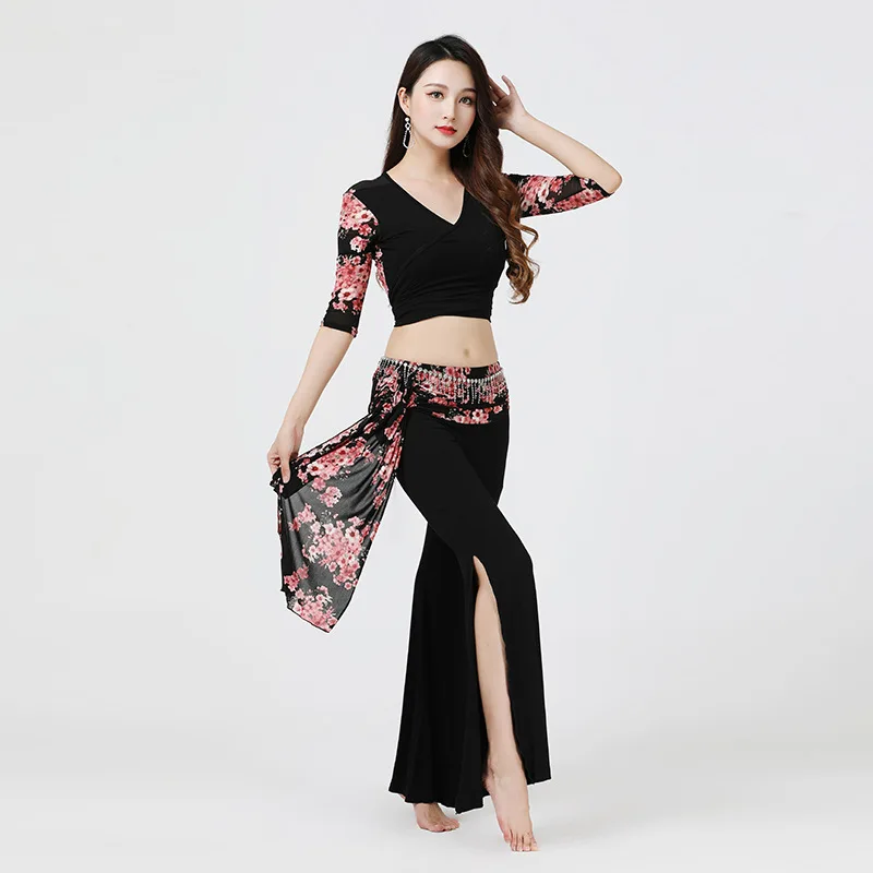 

Belly dance floral training suit Eastern dance performance costume split pants gypsy skirt bellydance set
