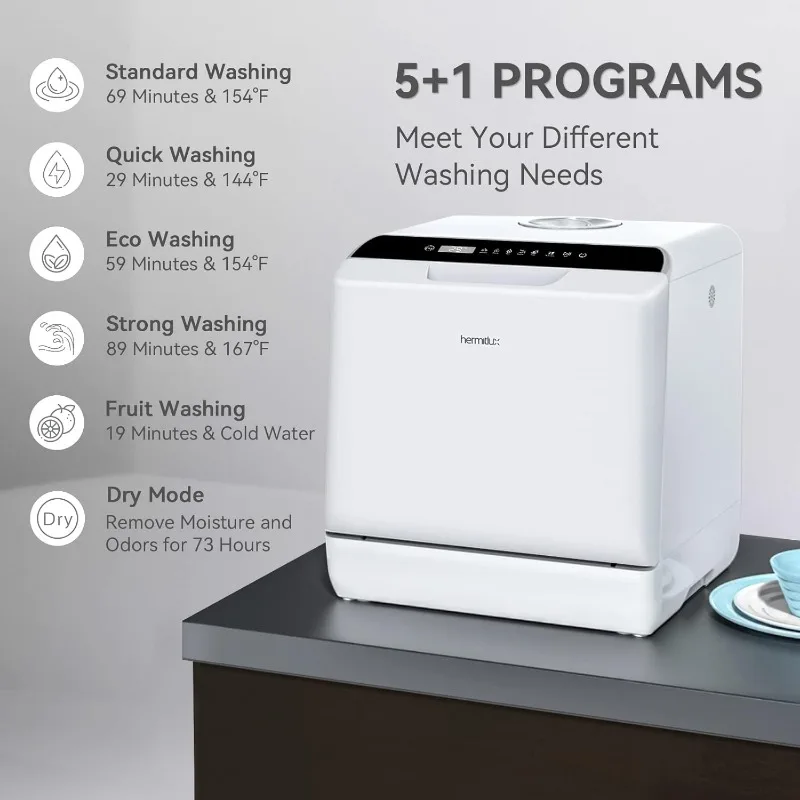 Hermitlux Countertop Dishwasher, 5 Washing Programs Portable Dishwasher With 5-Liter Built-in Water Tank, No Hookup Needed 3