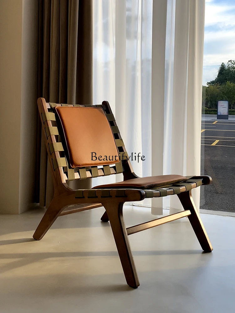 

Retro Solid Wood Casual Leather Nordic Single Log Canvas Couch