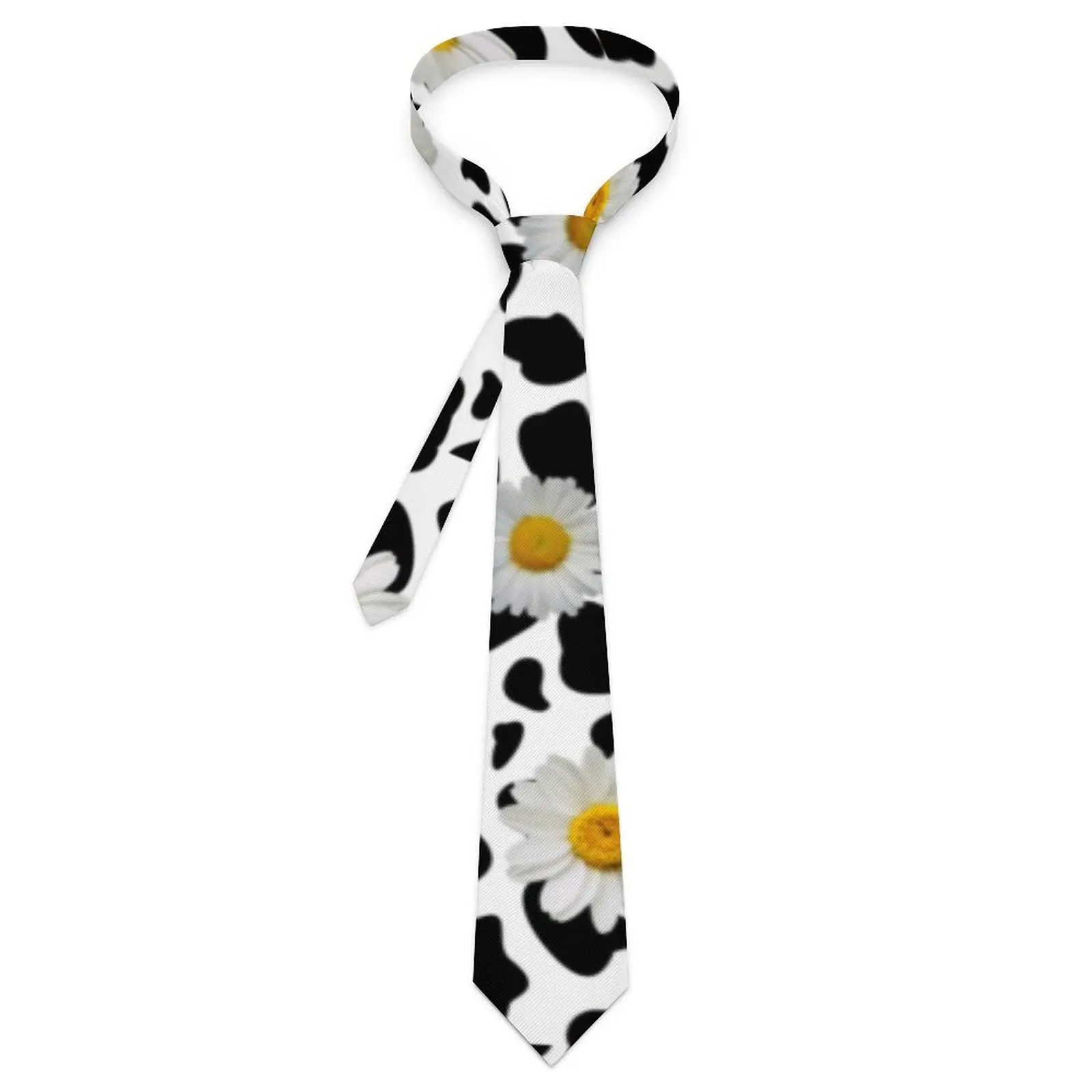 

White Daisy Tie Cow Print Graphic Neck Ties Vintage Cool Collar Tie For Male Leisure Necktie Accessories