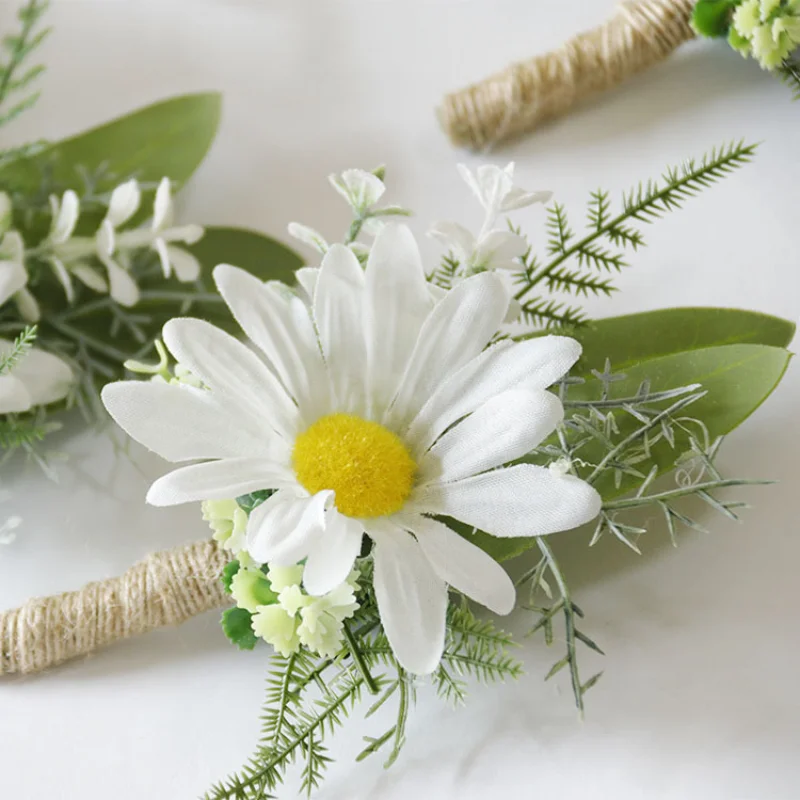 

White Daisy Artifical Flowers Boutonniere Wrist Corsage Bridesmaid Bracelet Wedding Accessories