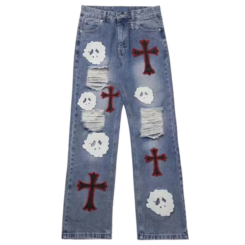 New Harajuku Japanese Y2k Women Skeleton Cross Holes Ripped Jeans Girls Streetwear Gothic Denim Pants Blue Jeans For Women