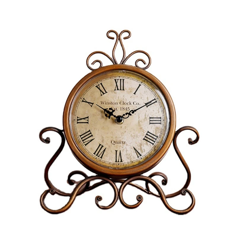 Vintage Retro Iron Ornament Battery Operated Silent Table Clock Home Bedroom Living Room Office Decor retro desk clock