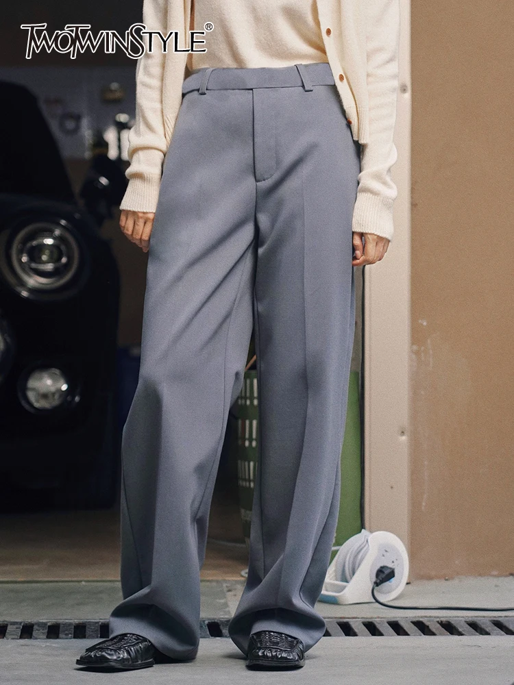 

TWOTWINSTYLE Solid Patchwork Pocket Straight Trouser For Women High Waist Spliced Folds Minimalist Wide Leg Pants Female Style