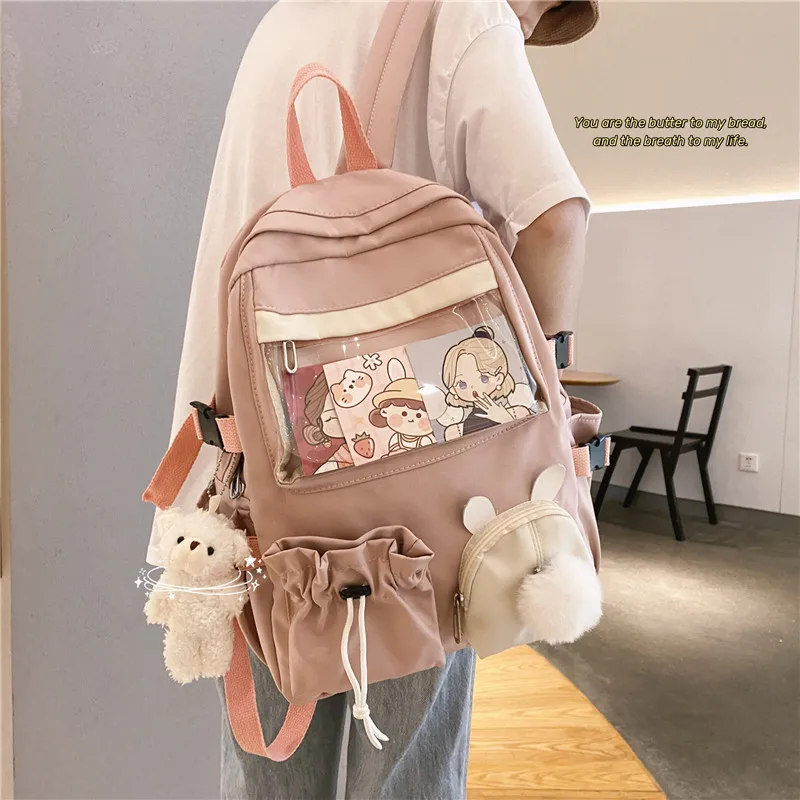 Kawaii Bunny Backpack Japanese White High School Girl School Bag 3D Rabbit Tail Bag Large Capacity Waterproof Female Bag Mochila