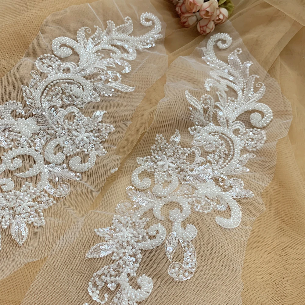 유럽 패턴 스터드 스팽글 레이스 미러 플라워, 손 바느질, DIY 웨딩 드레스 아플리케, 의류 RS4356, 39.5x11cm