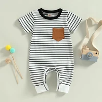 2023-02-22 Lioraitiin 0-18M Newborn Baby Boys Summer Jumpsuit Round Neck Contrast Color Short Sleeve Striped Romper 2