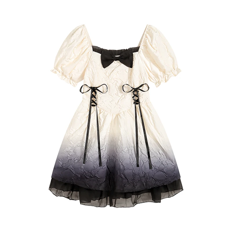 

Elegant Vintage Women Summer A-line Mini Dress Square Collar Y2k Kawaii Princess Fairy Puff Sleeve Gradient One Piece Dress 2023