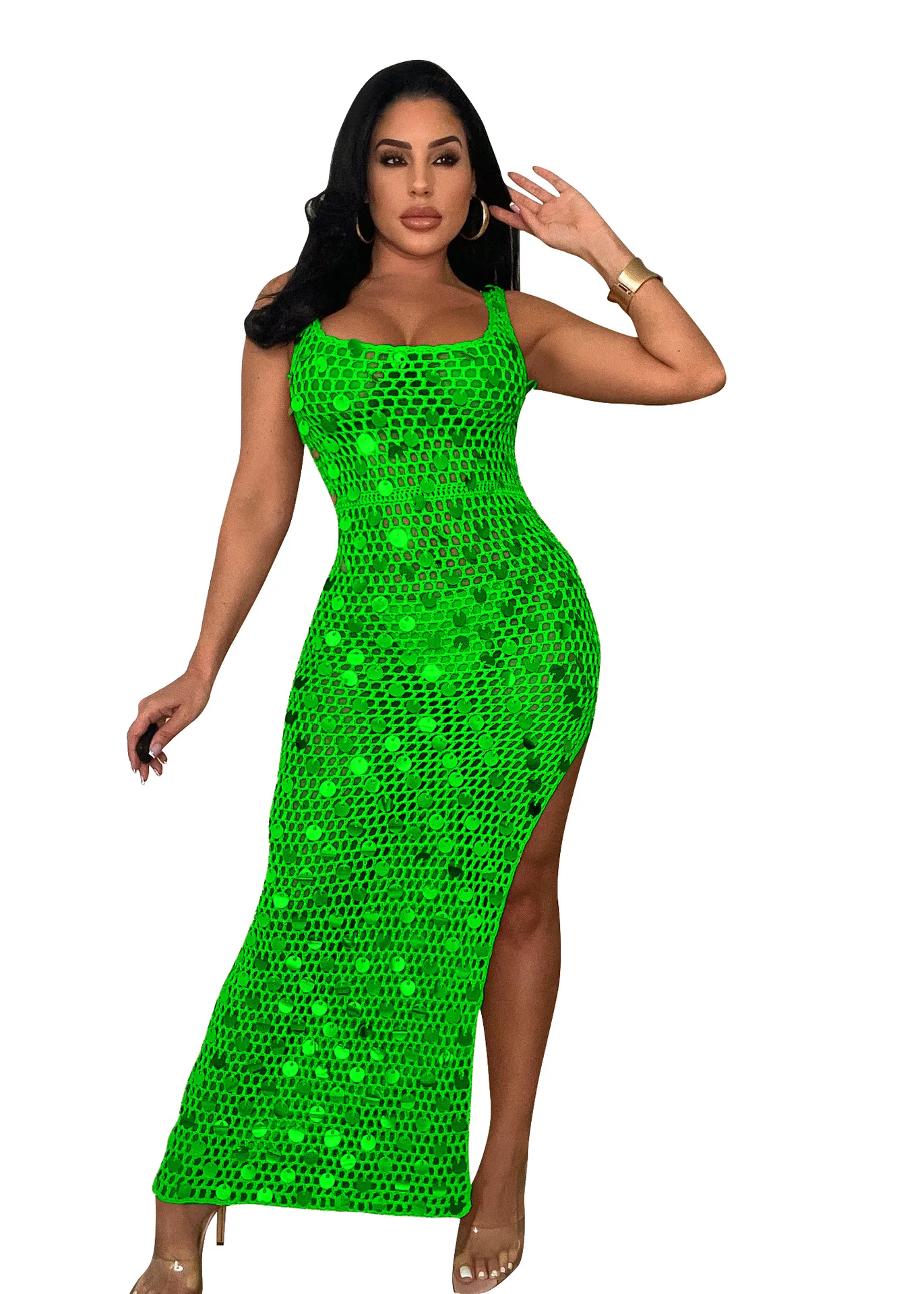 Kendny Robe longue en tricot côtelé à paillettes pour femmes évider voir à travers le maillot de bain couverture de vêtements de plage en club robes maxi sexy robe Y2K 2023 9