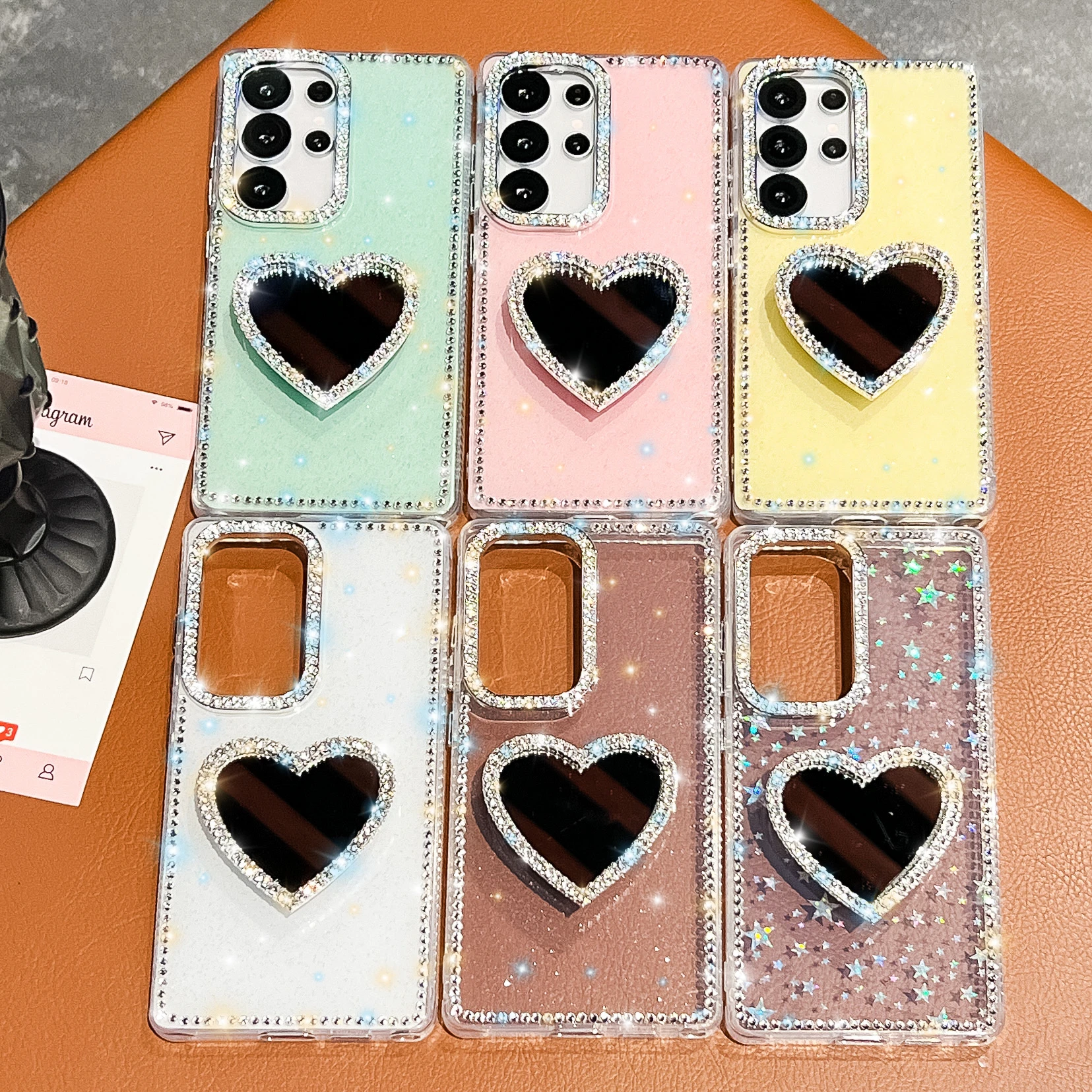 Luxury Love Heart Mirror Diamond Bling Holder Phone Case