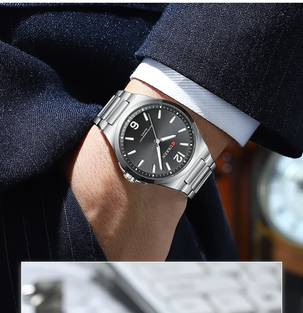 CURREN Minimalist Business Watch for Men Classic Quartz Black Wristwatch with Stainless Steel Band Luminous Hands Waterproof