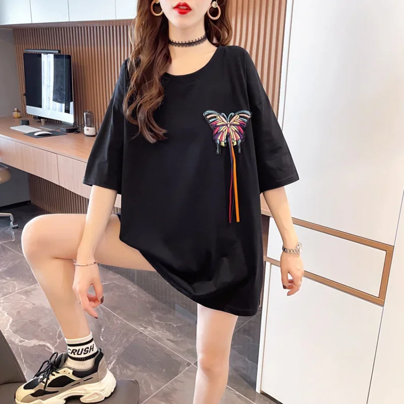 2024 Summer Women Graphic T-shirts Embroidery Ladies Plus Long Short Sleeve Tops Fashion Korean Clothes Aesthetic Tees New images - 6