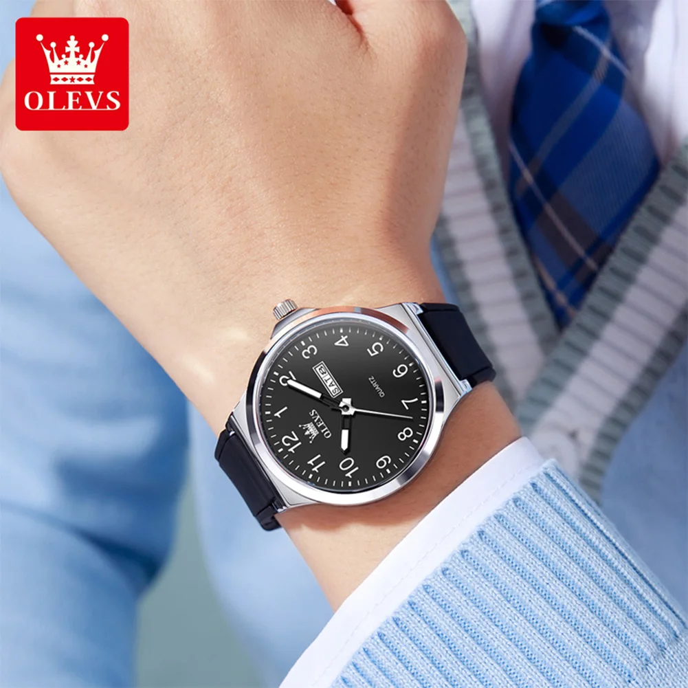 OLEVS 5647 Man Watch Simple Original Quartz Watches For Men Dual Calendar Waterproof Luminous Silicone Strap Fashion Wristwatch