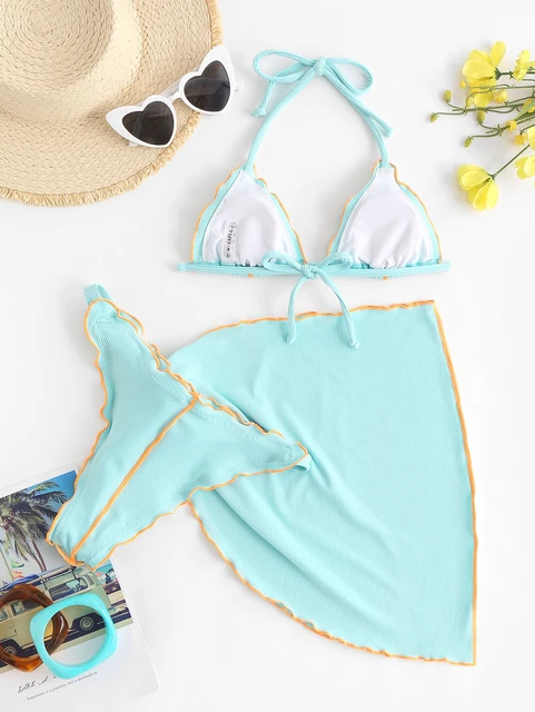 Zaful Ribbed Topstitching Halter Three Piece Bikini Set - Bikinis Set -  AliExpress