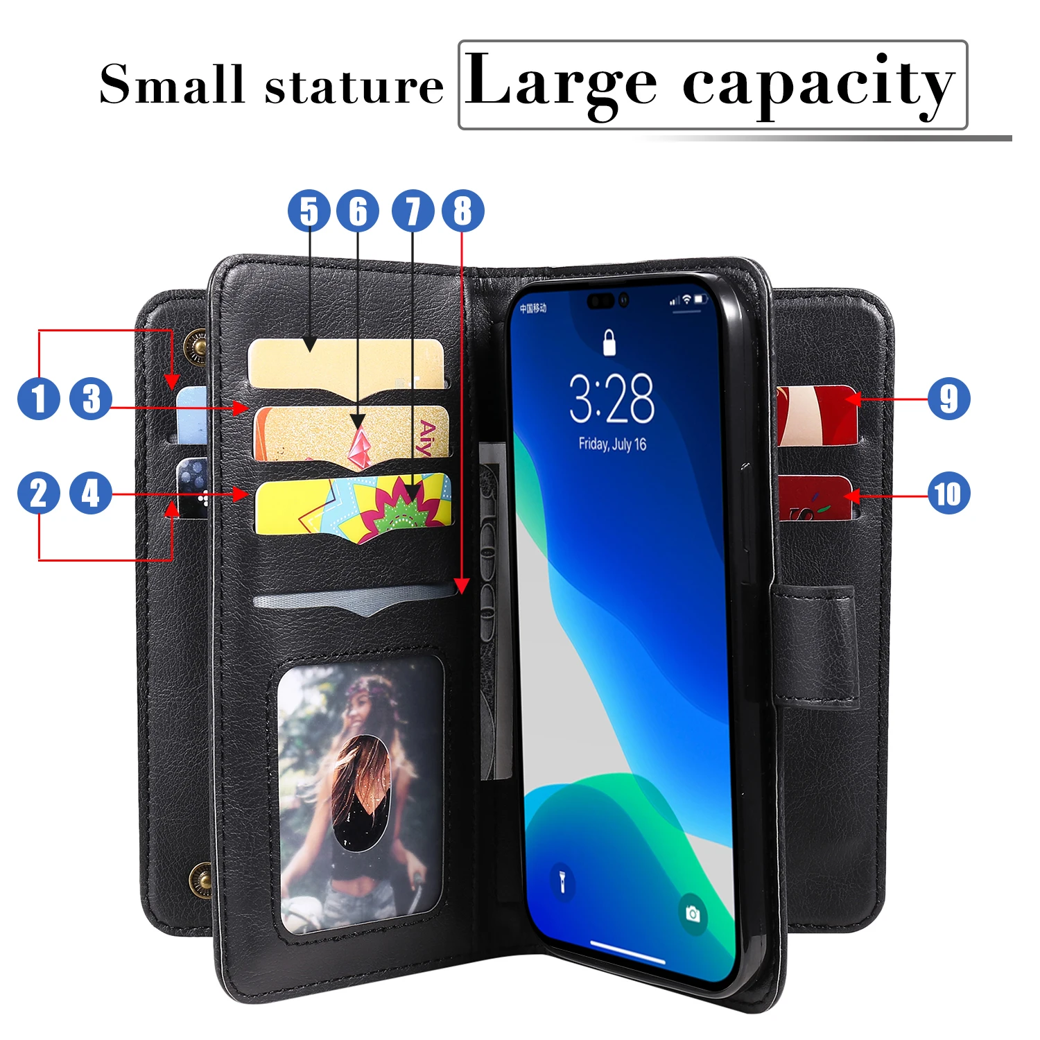 Leather Flip Wallet Phone Case with Card Holder and Stand Feature