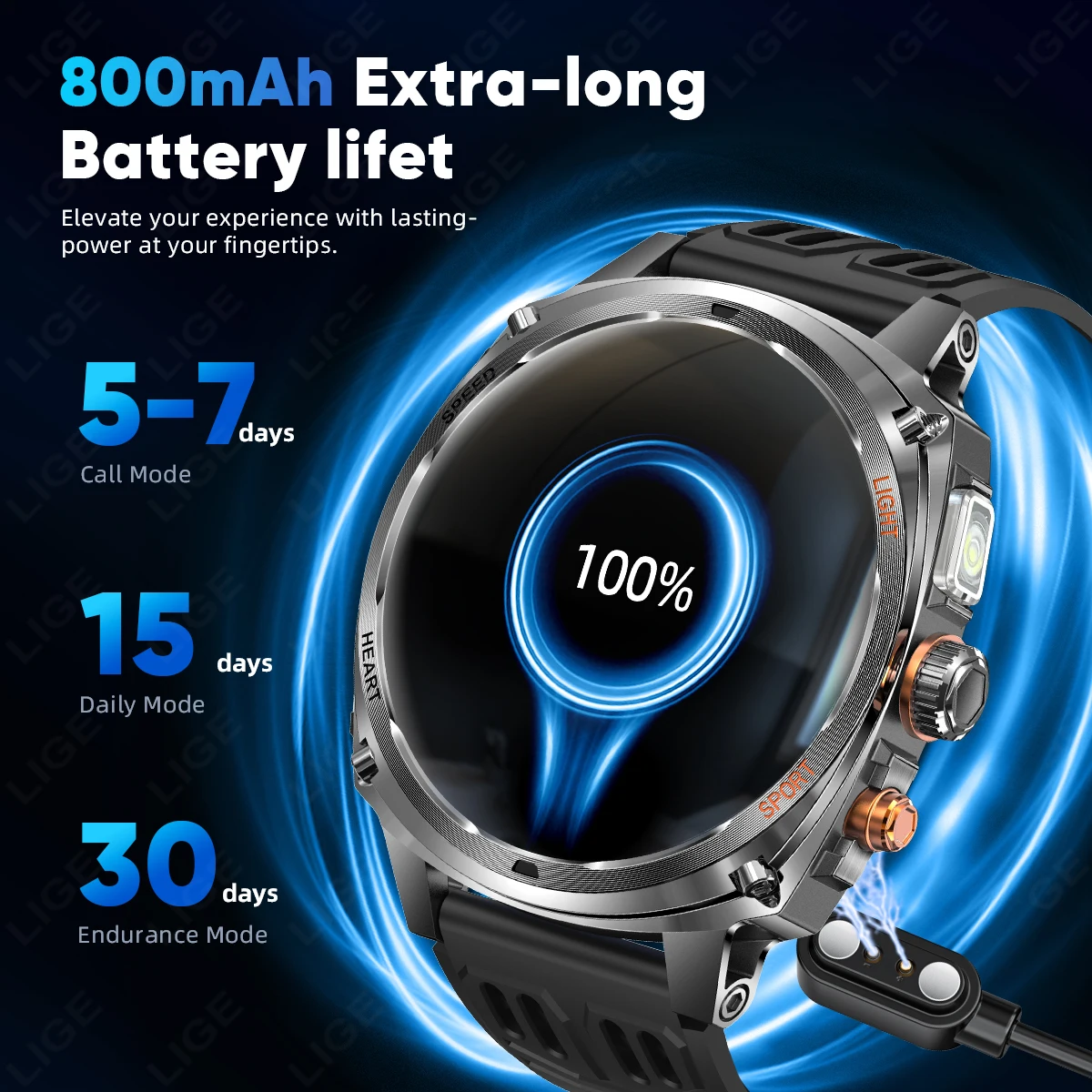LIGE 2026 New Outdoor 800mAh AMOLED Smart Watch Men Flashlight BT Call Heart Rate Sleep Monitoring Waterproof Health Smart Watch