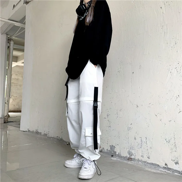 old navy capris White Streetwear Cargo Pants Women Y2k Harajuku Loose Patchwortk High Waist Trousers Casual Removable Techwear Korean bell bottom jeans