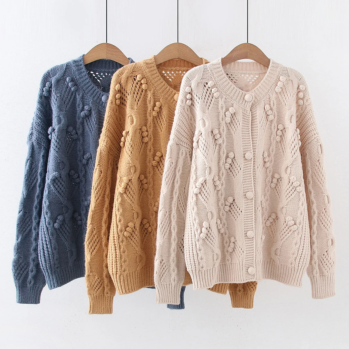 

Autumn Winter New Women Cardigan Sweater Casual Jacket Handmade Ball Hook Flower Hollow Long-sleeved Knitted Sweater