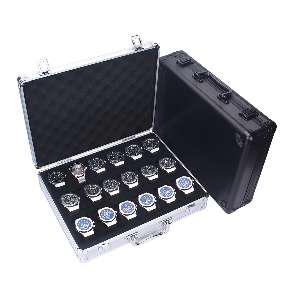 Elegant 18-Slot Aluminum Watch Organizer Box with Brushed Metal Finish, Lockable Jewelr... - SKU LJSC2135 - UGI Packaging
