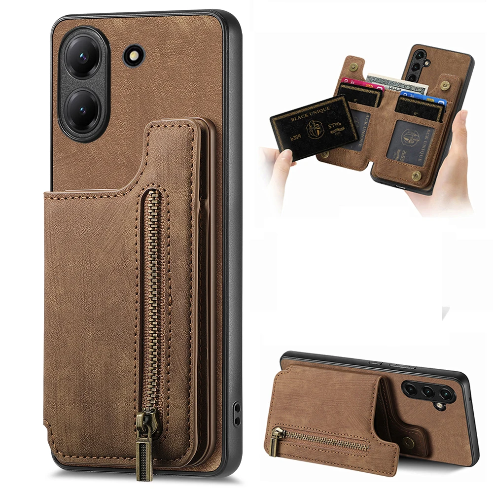 Zipper Leather Card Case with Magnetic Phone Holder and Back Cover