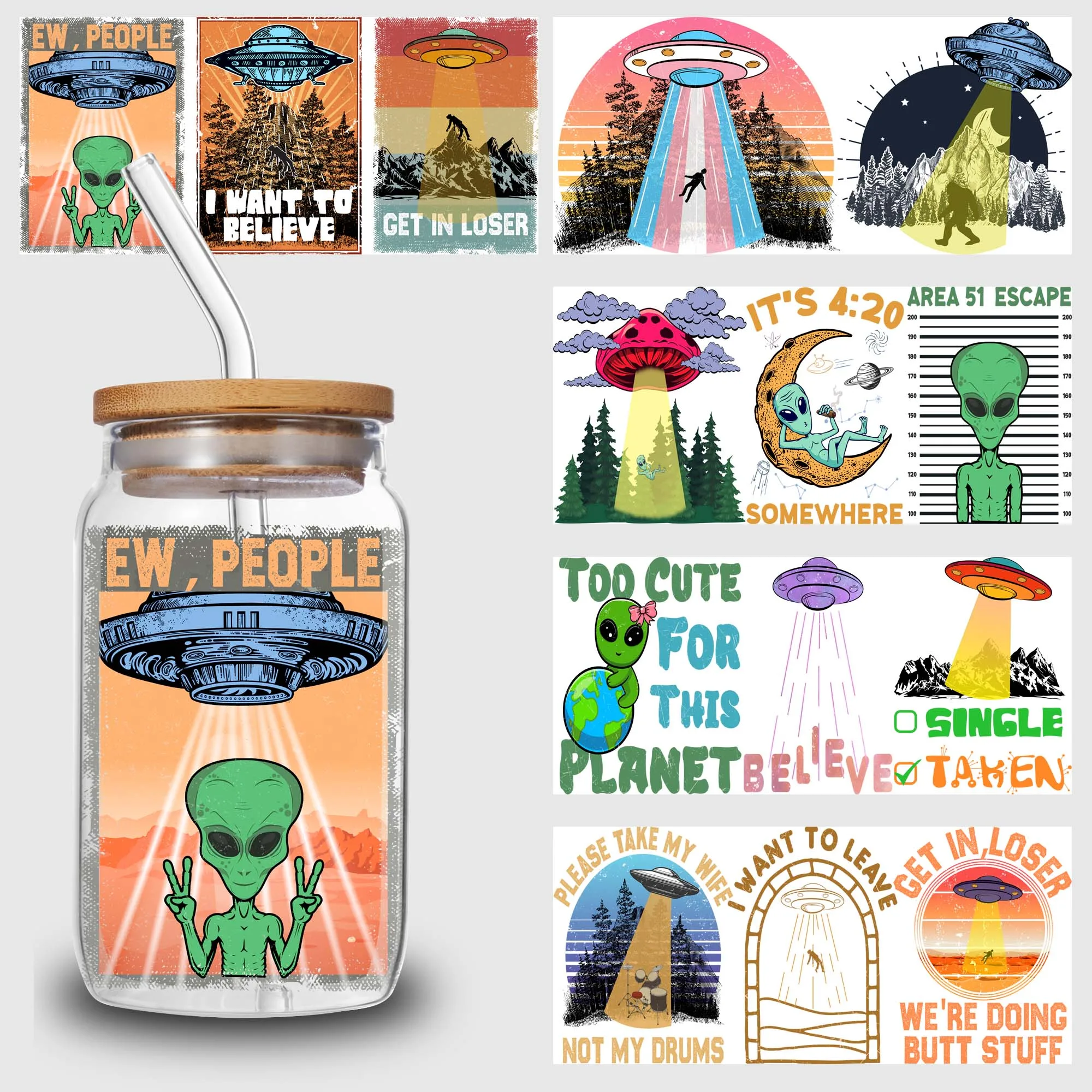 5 sheets Alien UV DTF cup holder 16 oz, fun Alien DTF cup holder transfer glass, waterproof stickers, friction transfer stickers