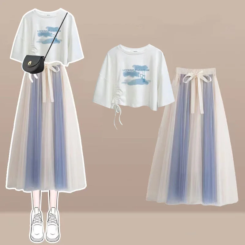 Gentle Style Suit for Women Summer 2023 New Loose Print Short Sleeve T-shirt Blue Mesh First Love Tea Break Dress Two Piece Set