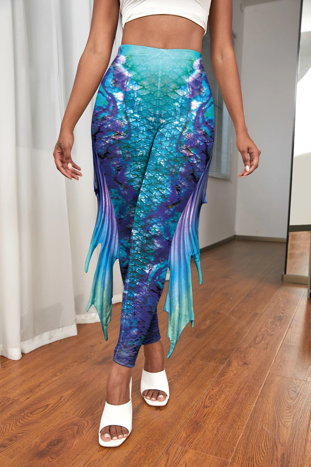 Nadanbao Bunte Meerjungfrau-Leggings für Damen, Fischschuppen-Druckhose, elastische Yoga-Strumpfhose, Outdoor, Urlaub, Party, Strandhose – Detail 27