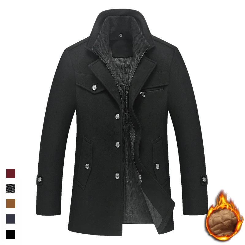 New Winter Wool Coat Slim Fit Jackets Mens Casual Warm Outerwear