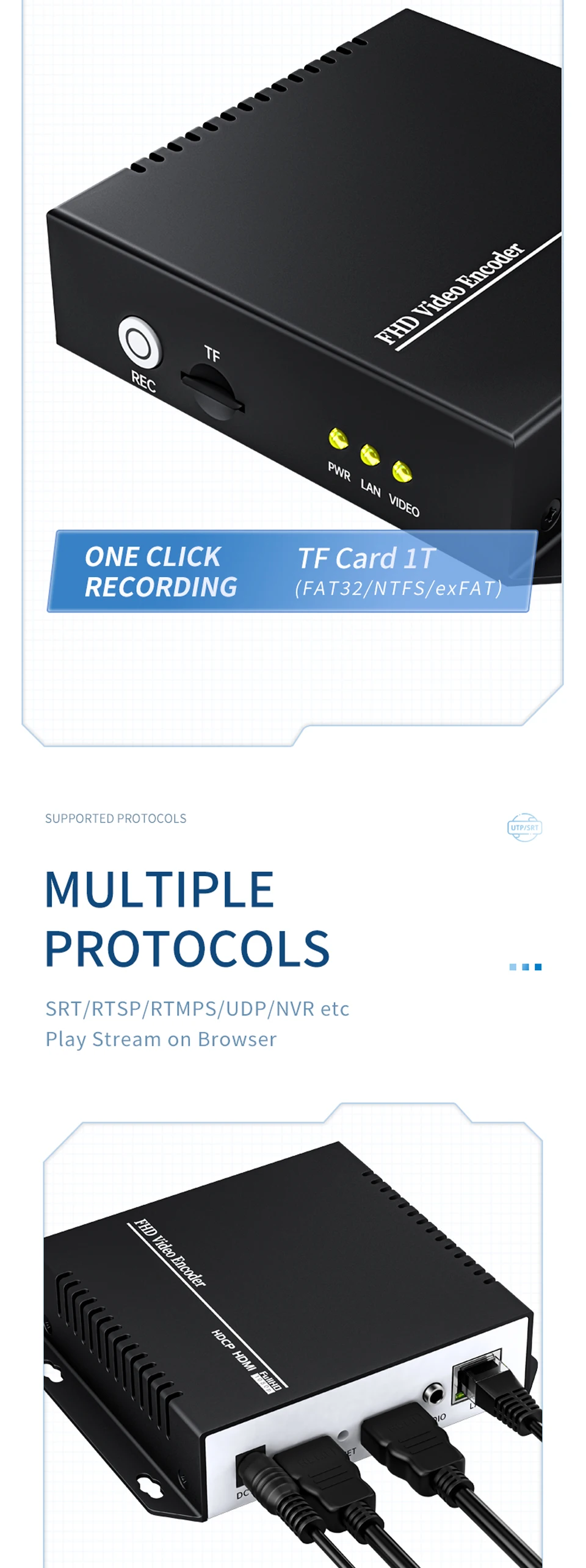 One Key Recording H265 HEVC H264 Live Stream IPTV Transmitter ONVIF RTSP SRT RTM