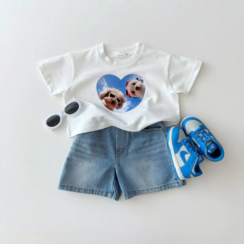 الصيف في سن المراهقة القطن تي شيرت الكرتون الحب الكلب طباعة ملابس الاطفال أزياء تي شيرت طفل الفتيان الفتيات لطيف قصيرة الأكمام ملابس أطفال