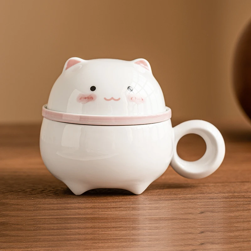 Chinese Style Cartoon Ceramic Rabbit / Panda Shaped Mug Home Office Cute Teacup With Cover, Separated Tea Cup for Tea 128ml, 1Pc