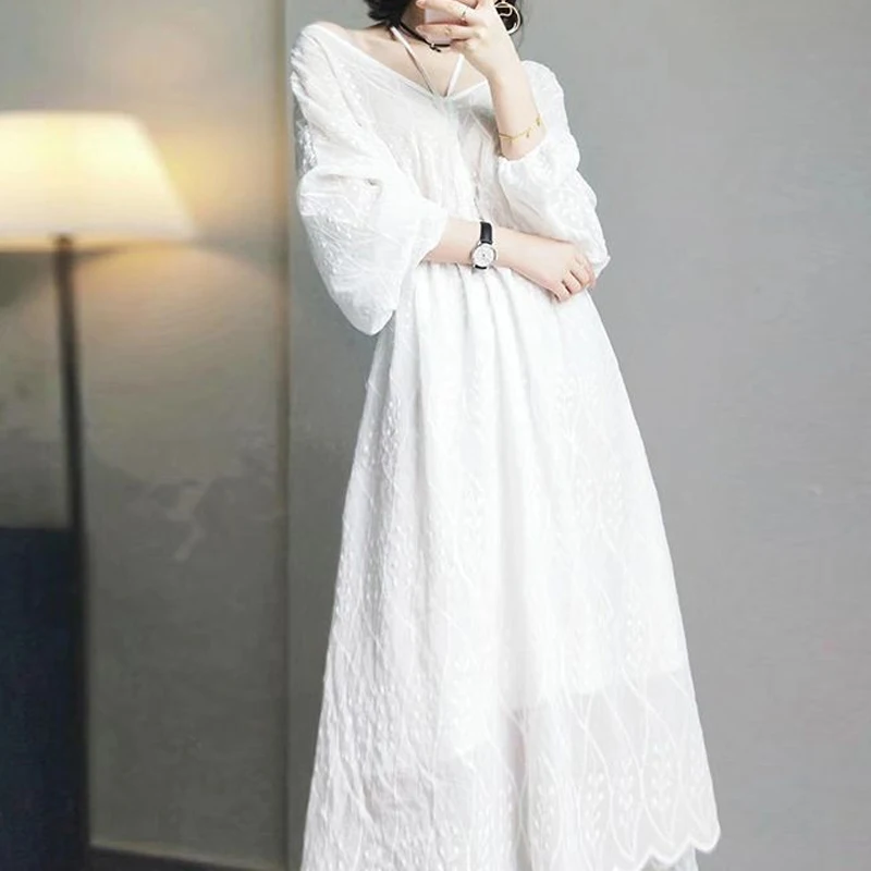 

Summer V-neck Fashion Three Quarter Midi Dress Women High Street Loose Solid Color Lacing Dresses Elegant Personality Vestidos
