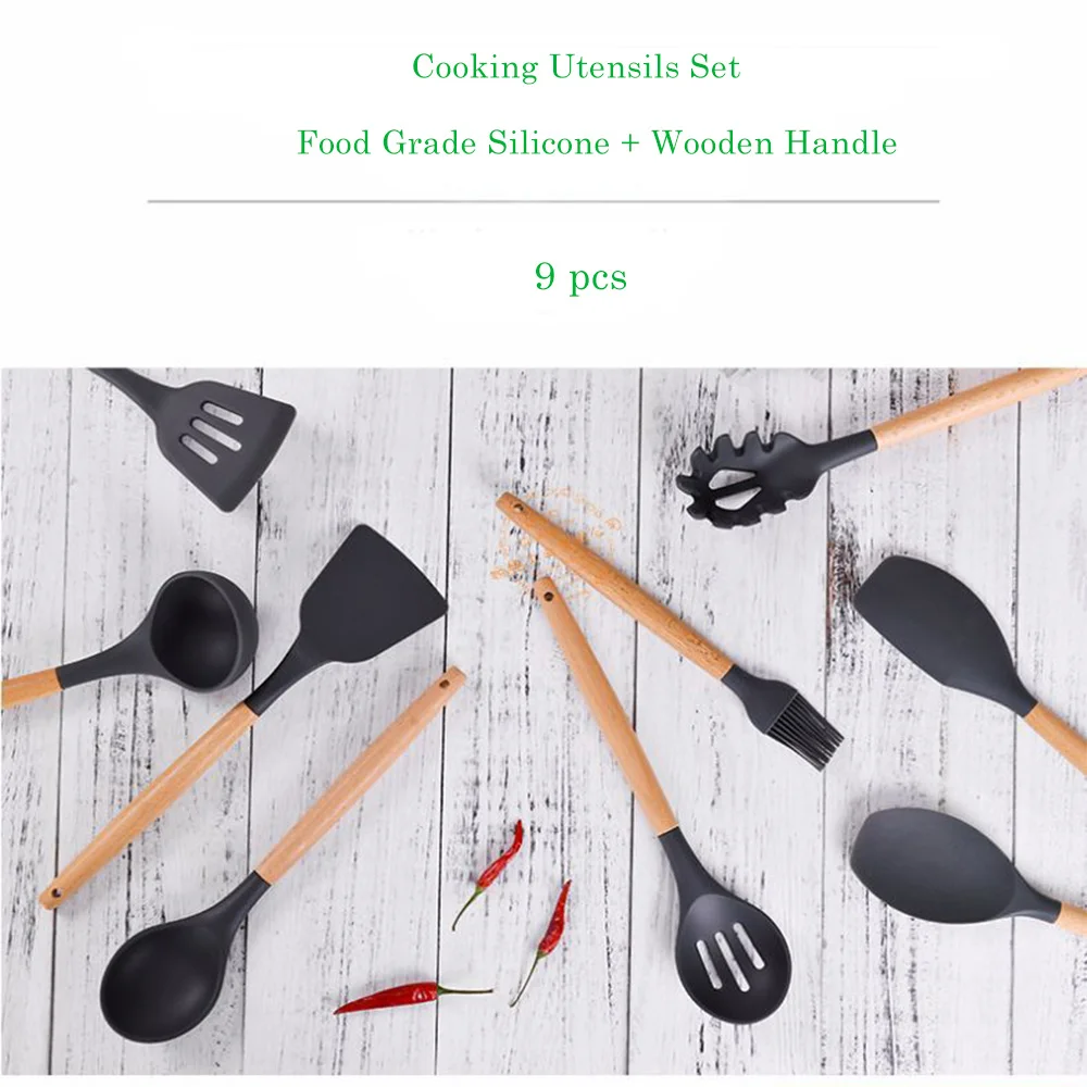 9pcs/set Kitchen Silicone Cooking Tools Utensil Gadgets Silicone Wooden Handle Spoon Brush Ladle Nonstick Cookware Baking Tools