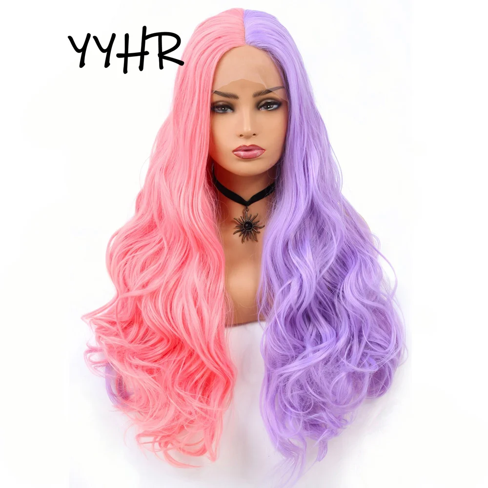 

Розовые фиолетовые полуцветные синтетические кружевные парики, длинные натуральные волнистые парики для черных женщин, Искусственные женские волосы для косплея