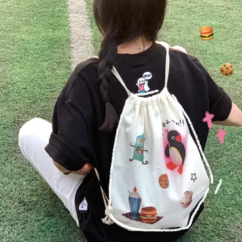 원래 핑구 펭귄 프린트 배낭 캔버스 가방 귀여운 만화 깡패 가방 학생 가방
