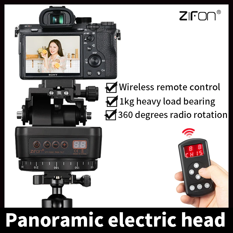 ZIFON 전자 팬 틸트 헤드, 파노라마 전동 삼각대 팬 틸트 헤드, 카메라 및 스마트폰용 속도 조절 기능, YT1000