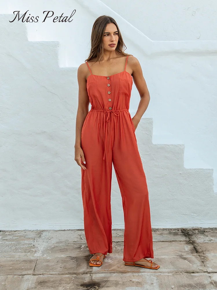 

Buttoned Belted Drawstring Cami Jumpsuit For Women Sexy Straight Neck Long Playsuit 2023 Summer Overalls Romper Jumpsuit