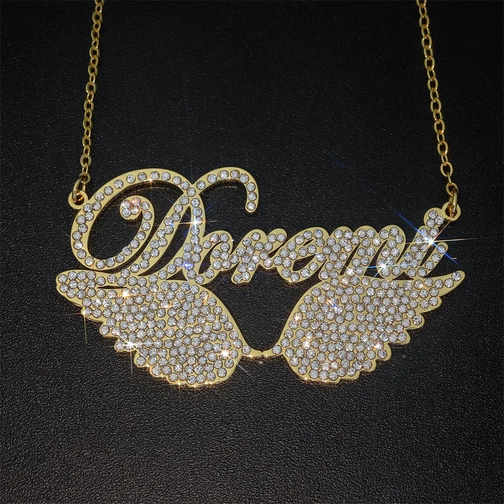 2023 Personalized Stainless Steel Zircon Name Necklace Custom Angel Wing Letter Necklace For Women Jewelry Gifts