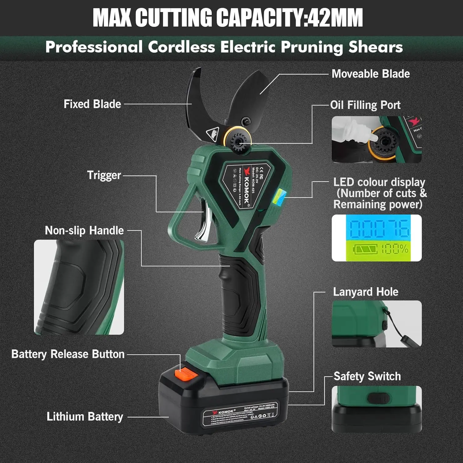 Professional Cordless Electric Pruners Battery Powered Tree Branch Cutter with 2 Rechargeable 2 A 6