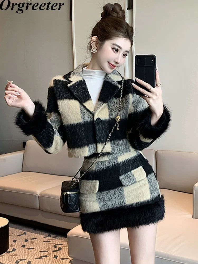 

High Quality Woolen Two Piece Set For Women Cropped Blazer Skirt Suits Female Jacket+ Mini Skirt Suits Sweet 2 Piece Outfits