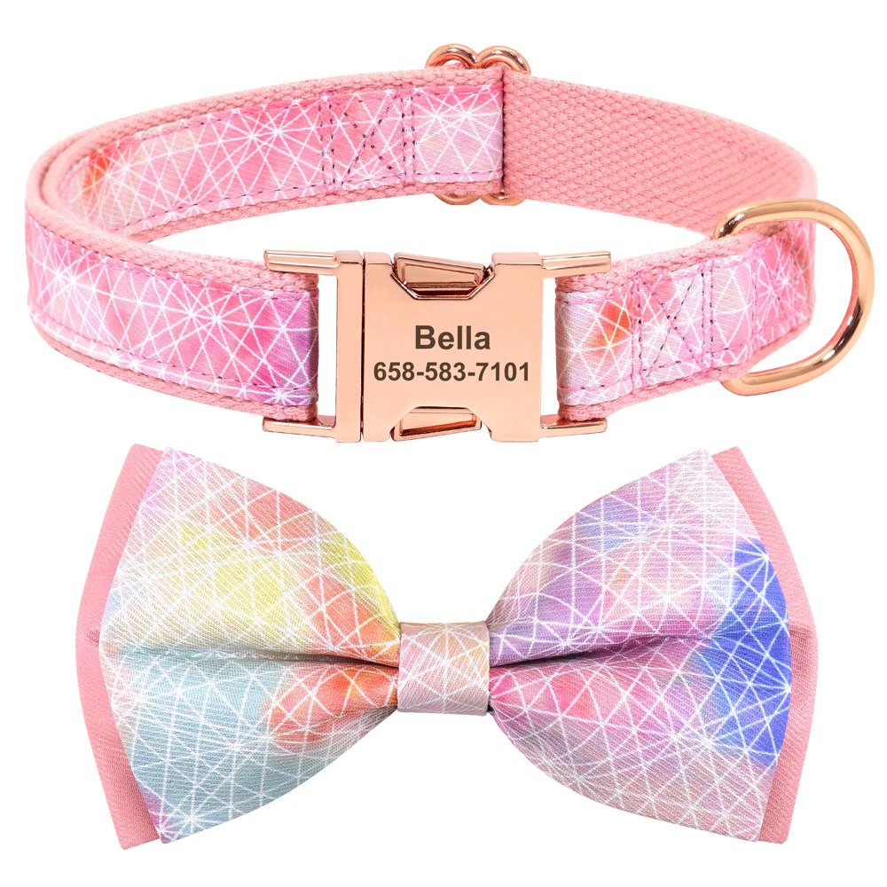 

Personalized Dog Collar Cute Bowknot Pet Collars Engraved Name Puppy Cat Necklace Anti-lost for Medium Large Dogs Adjustable