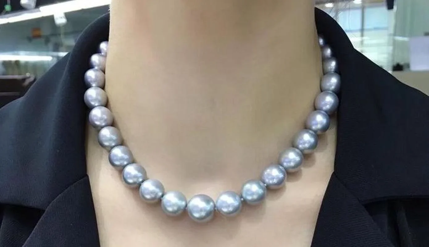 

Huge Charming 18"11-12mm Natural Sea Genuine Gray Round Pearl Necklace Women Jewelry Pendnat Sterling Silver 925