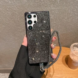 Luxury Diamond Bling Leather Phone Case with Glitter Protection and Strap - Galaxy S23+ (Black)