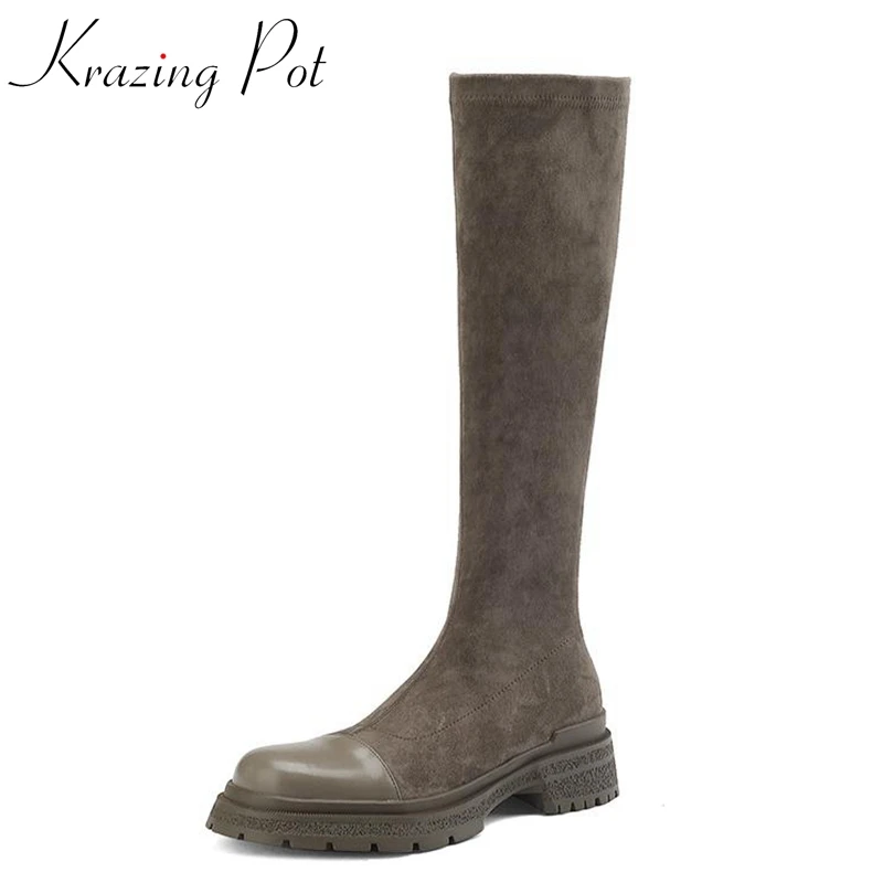 

Krazing Pot Cow Leather Round Toe Thick High Heels Riding Boots Platform Leisure Big Size Simple Style Slip on Thigh High Boots