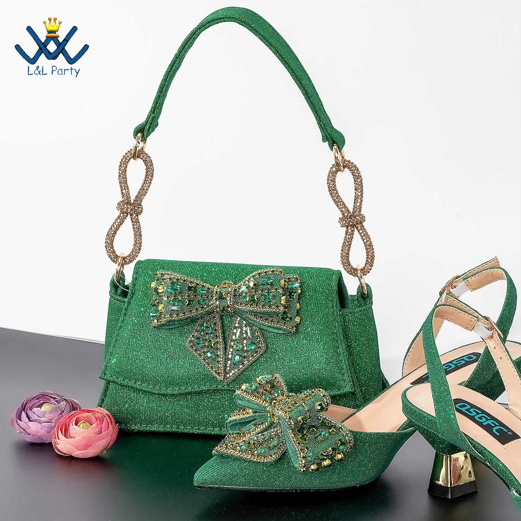 

Newest High Quality Pointed Toe Shoes and Bag Set in Green Color Sweet Style with Shinning Crystal for Wedding