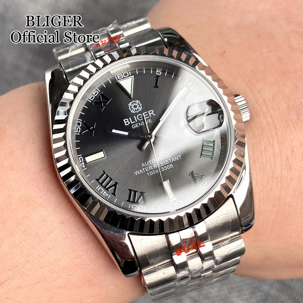 BLIGER Luxury 36mm 39mm Grey Dial Dark Green Roman Numbers NH35A Automatic Men Watch Stainless Steel Strap Sapphire Glass