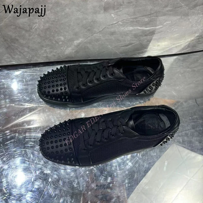 Stylish Rivet Round Toe Men's Lace Up Shoes Spring Autumn Comfortable Flat Heel Breathable Male Black Casual Single Shoes 3
